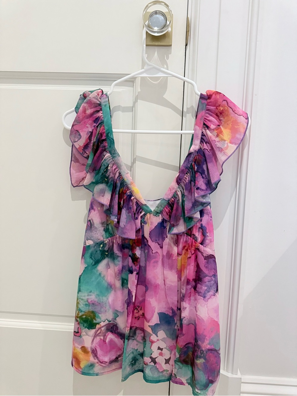 Lavender Brown Watercolor Ruffle V-Neck Top